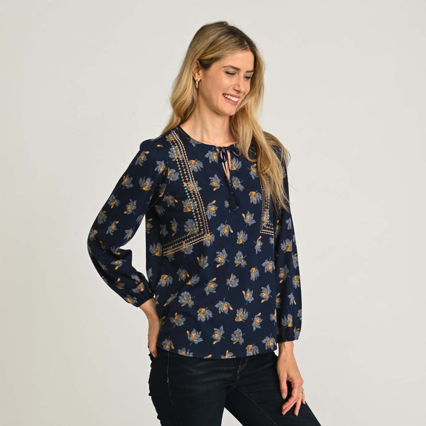 Embroidered Tie Neck Peasant Top