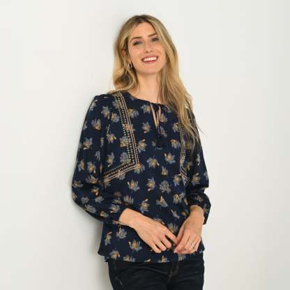 Embroidered Tie Neck Peasant Top