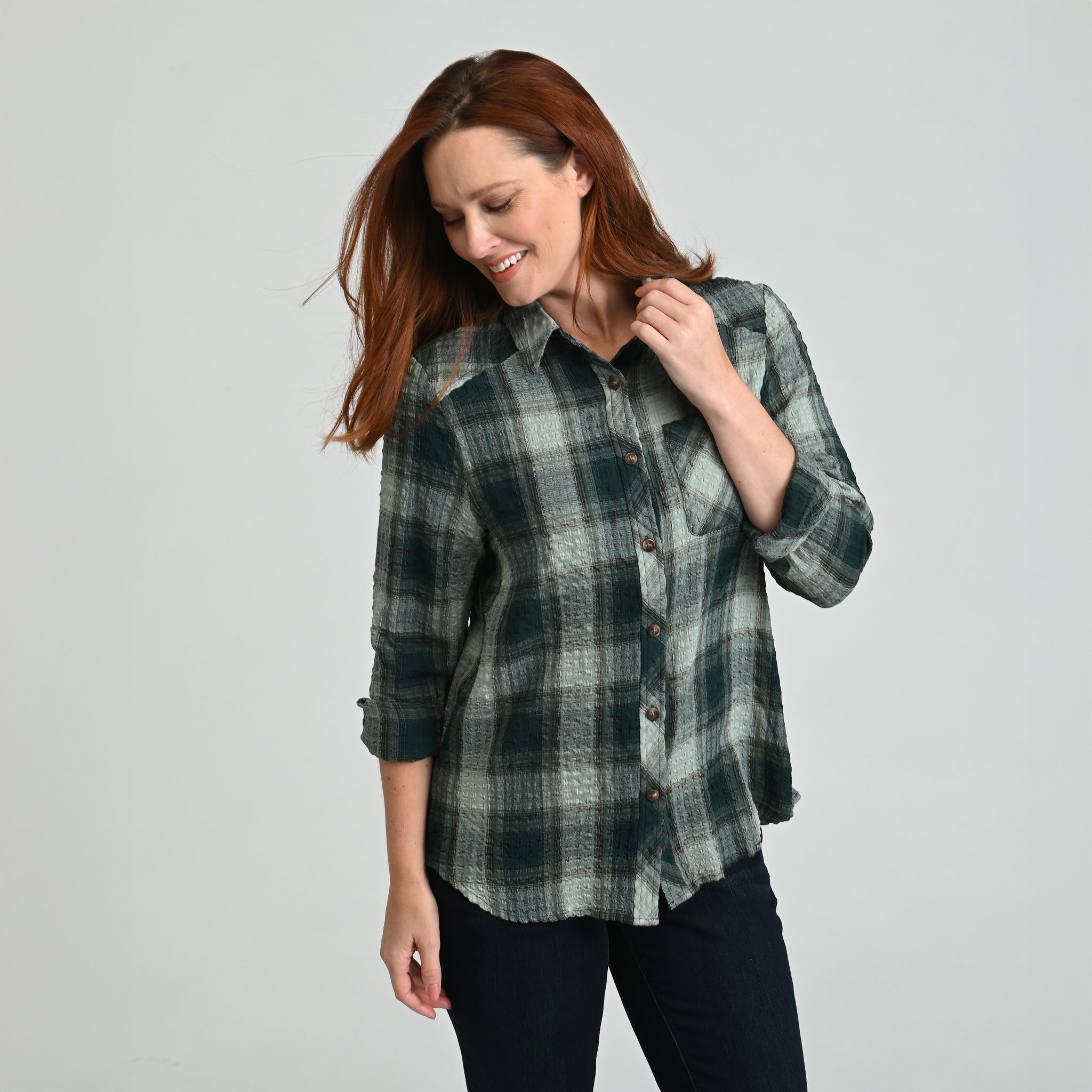 Plaid Forward Shoulder Long Sleeve Shirt