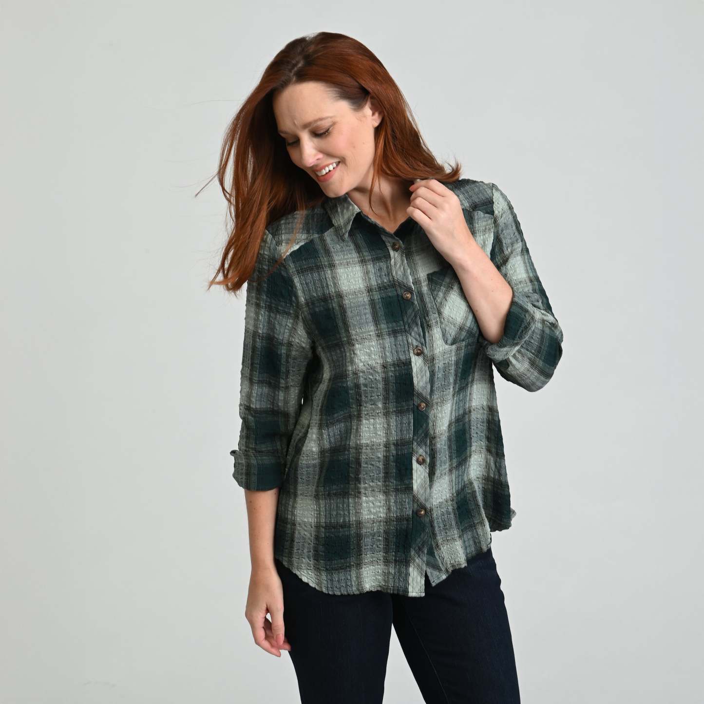 Plaid Forward Shoulder Long Sleeve Shirt