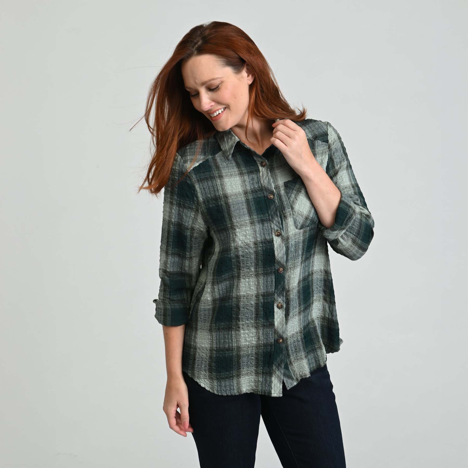 Plaid Forward Shoulder Long Sleeve Shirt