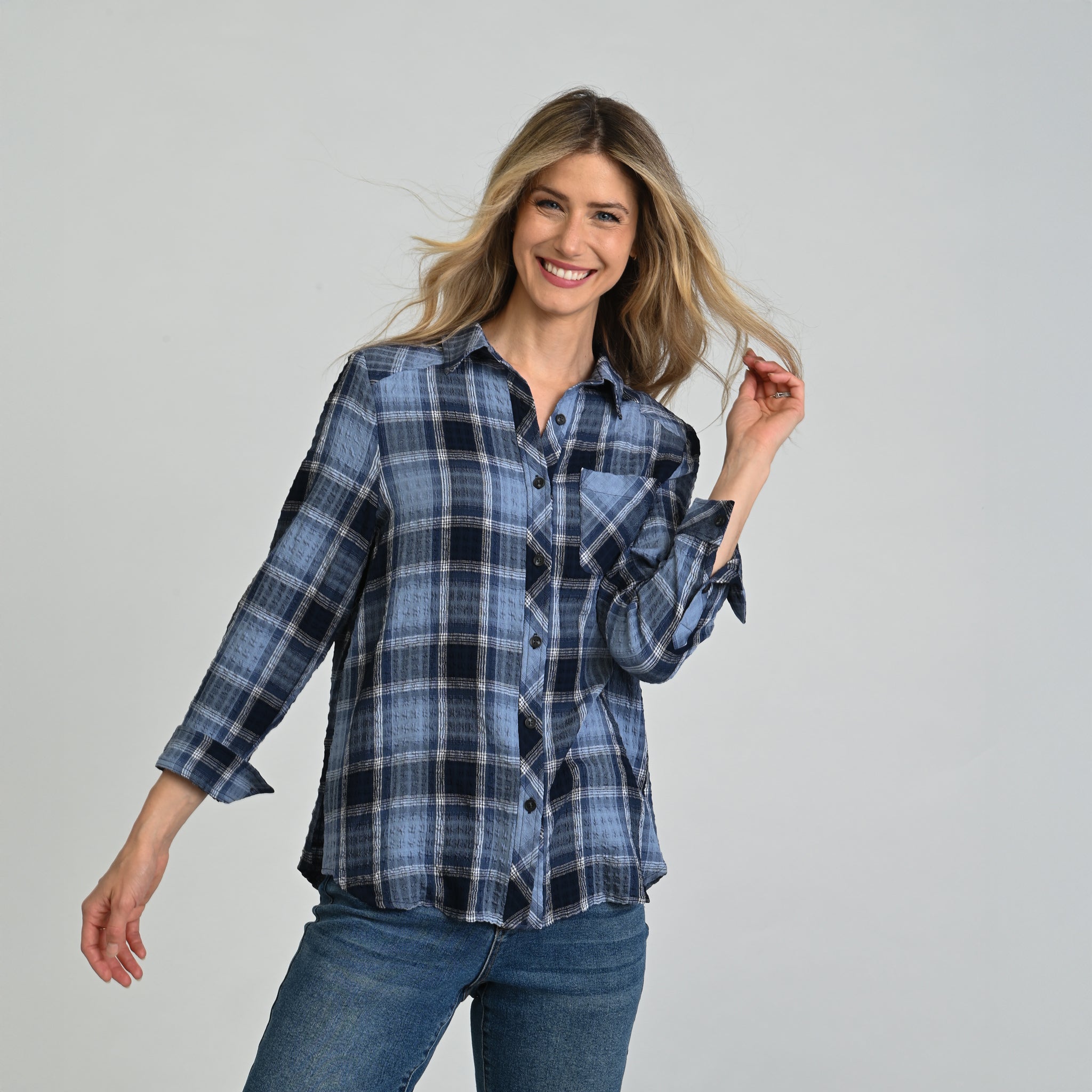 Plaid Forward Shoulder Long Sleeve Shirt