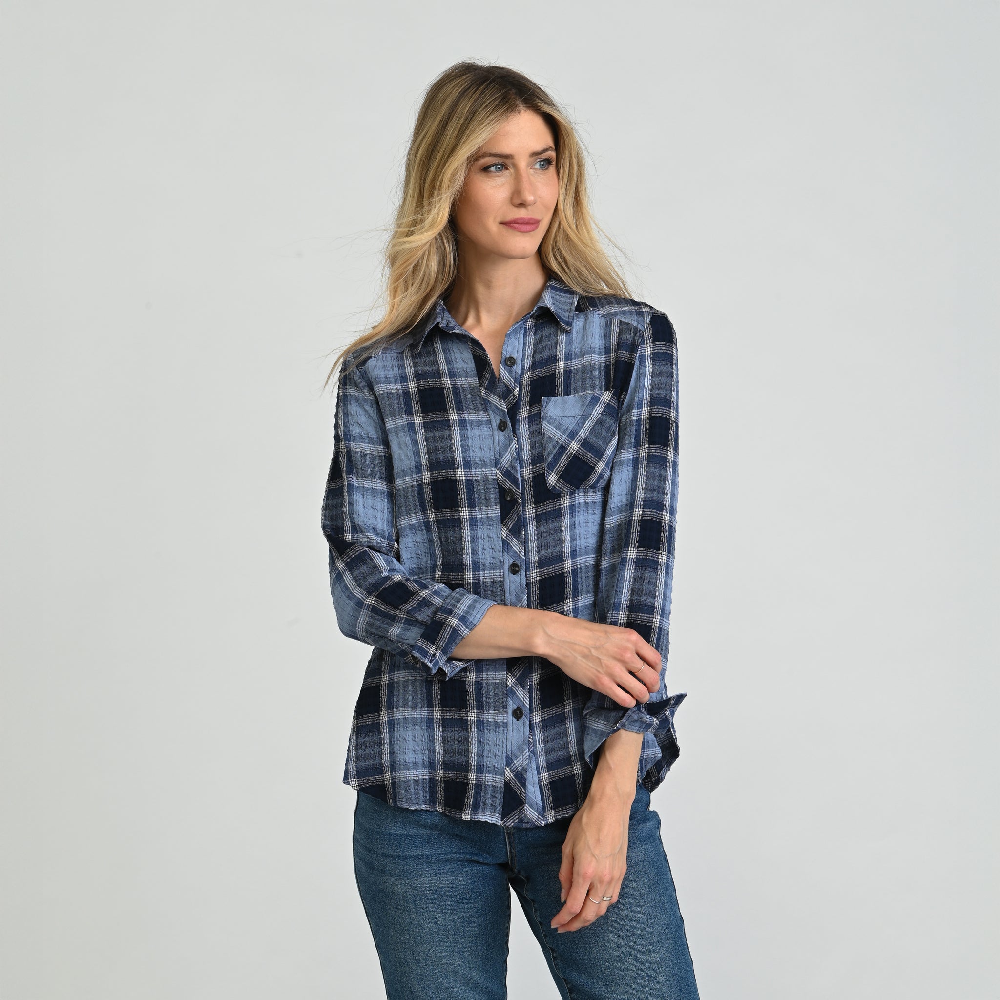 Plaid Forward Shoulder Long Sleeve Shirt
