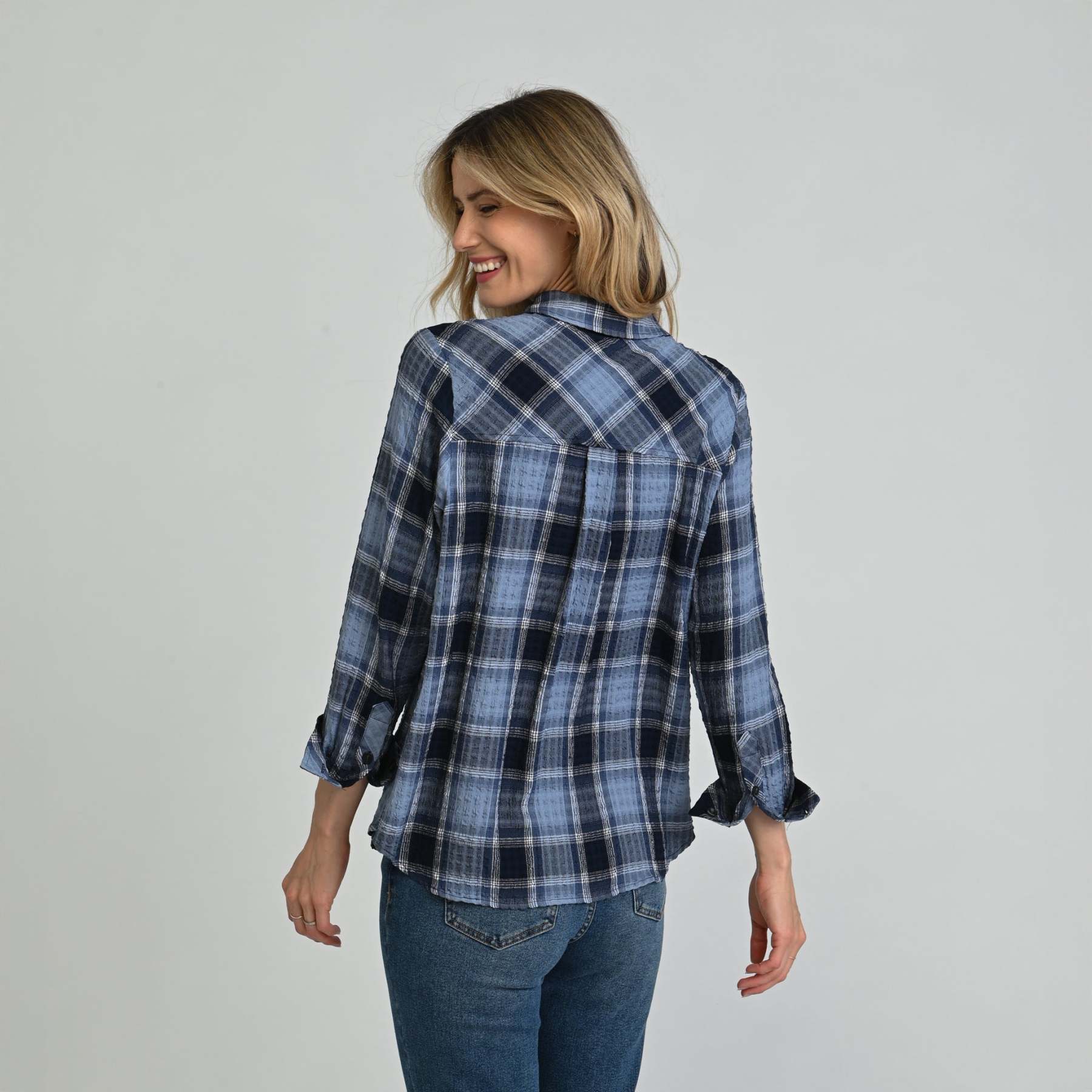 Plaid Forward Shoulder Long Sleeve Shirt