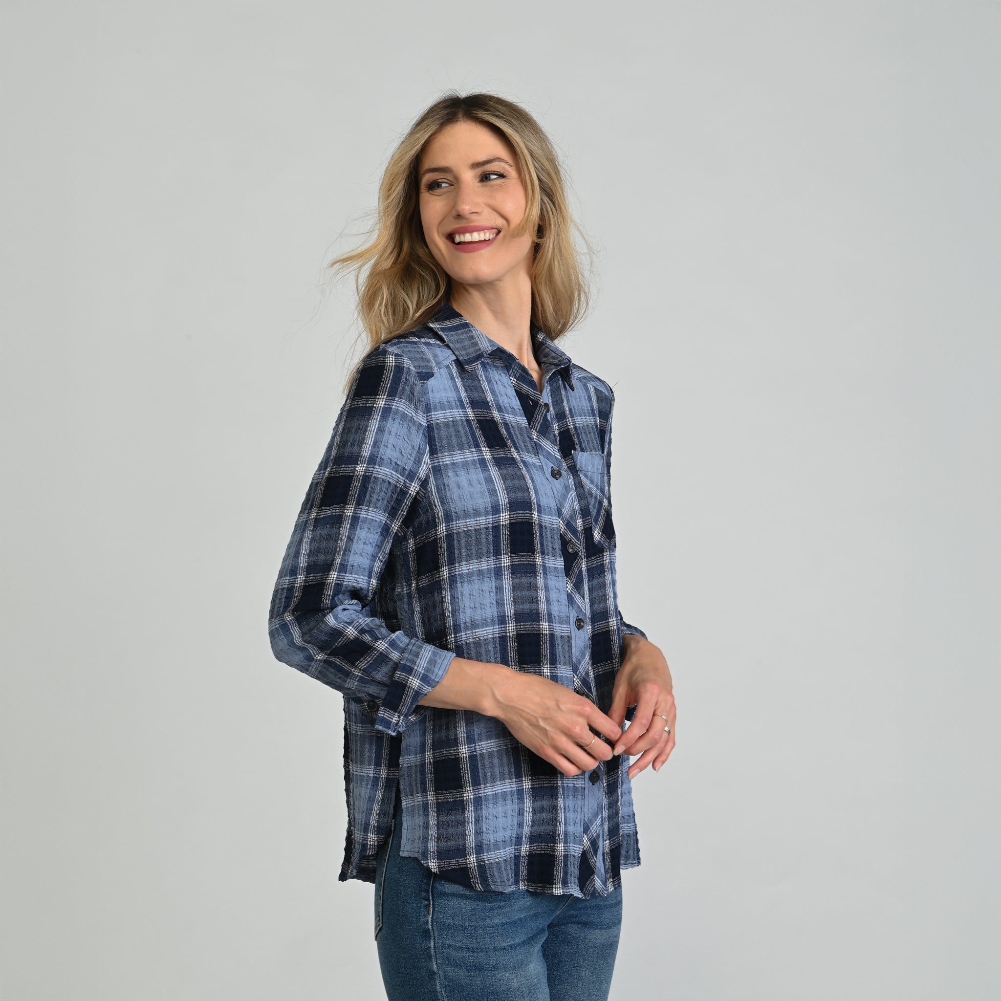 Plaid Forward Shoulder Long Sleeve Shirt
