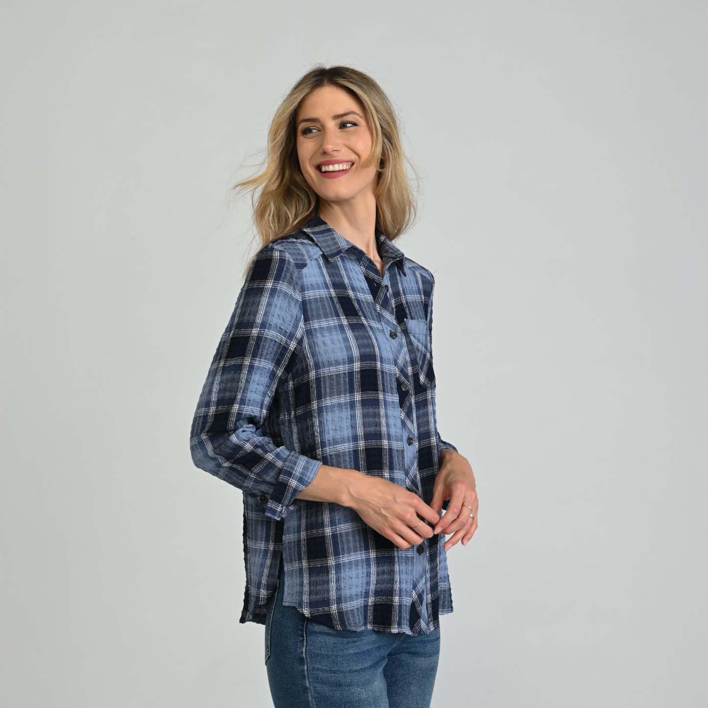 Plaid Forward Shoulder Long Sleeve Shirt
