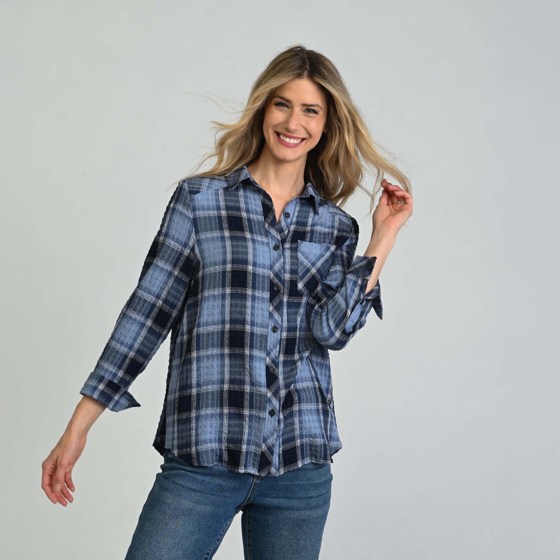 Plaid Forward Shoulder Long Sleeve Shirt