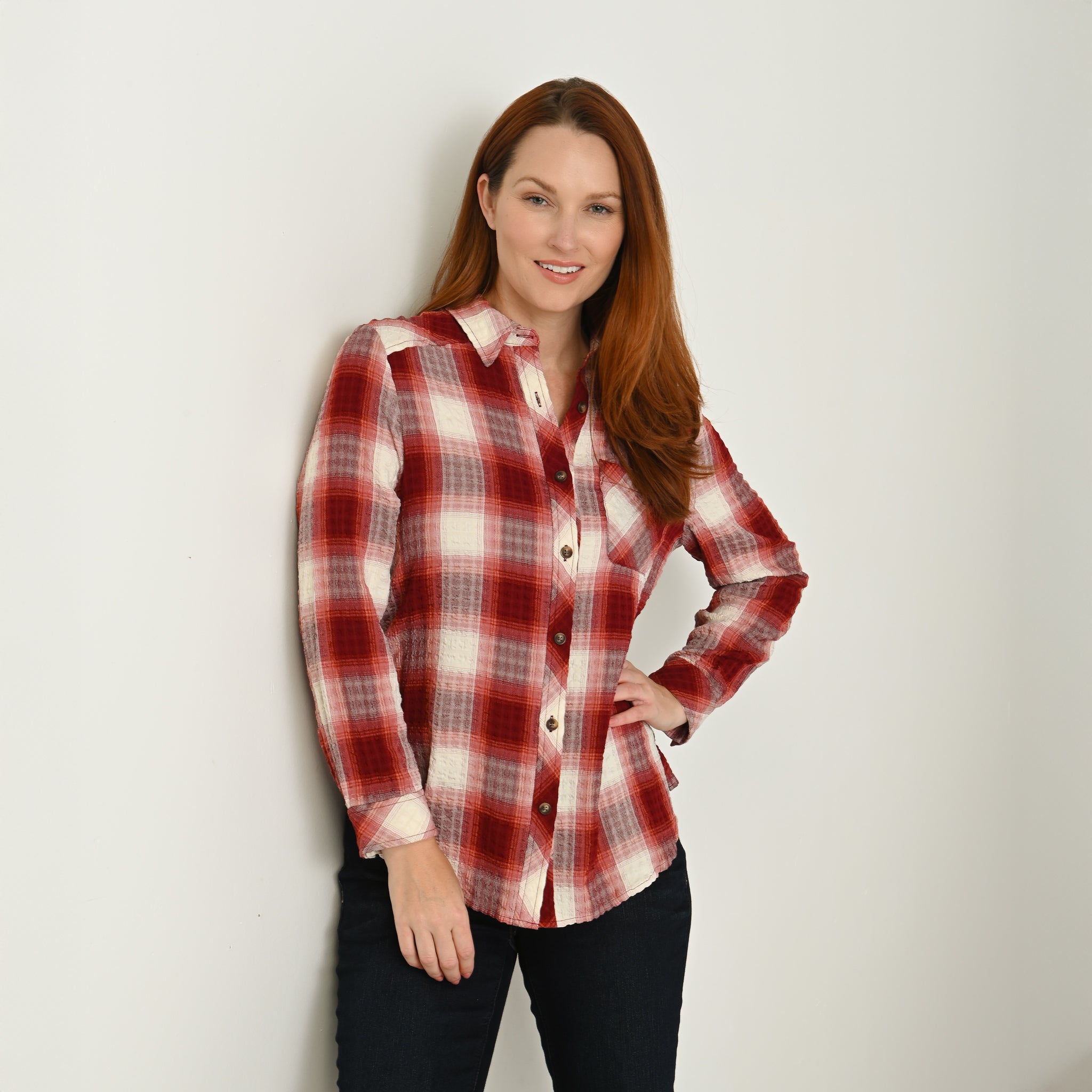 Plaid Forward Shoulder Long Sleeve Shirt