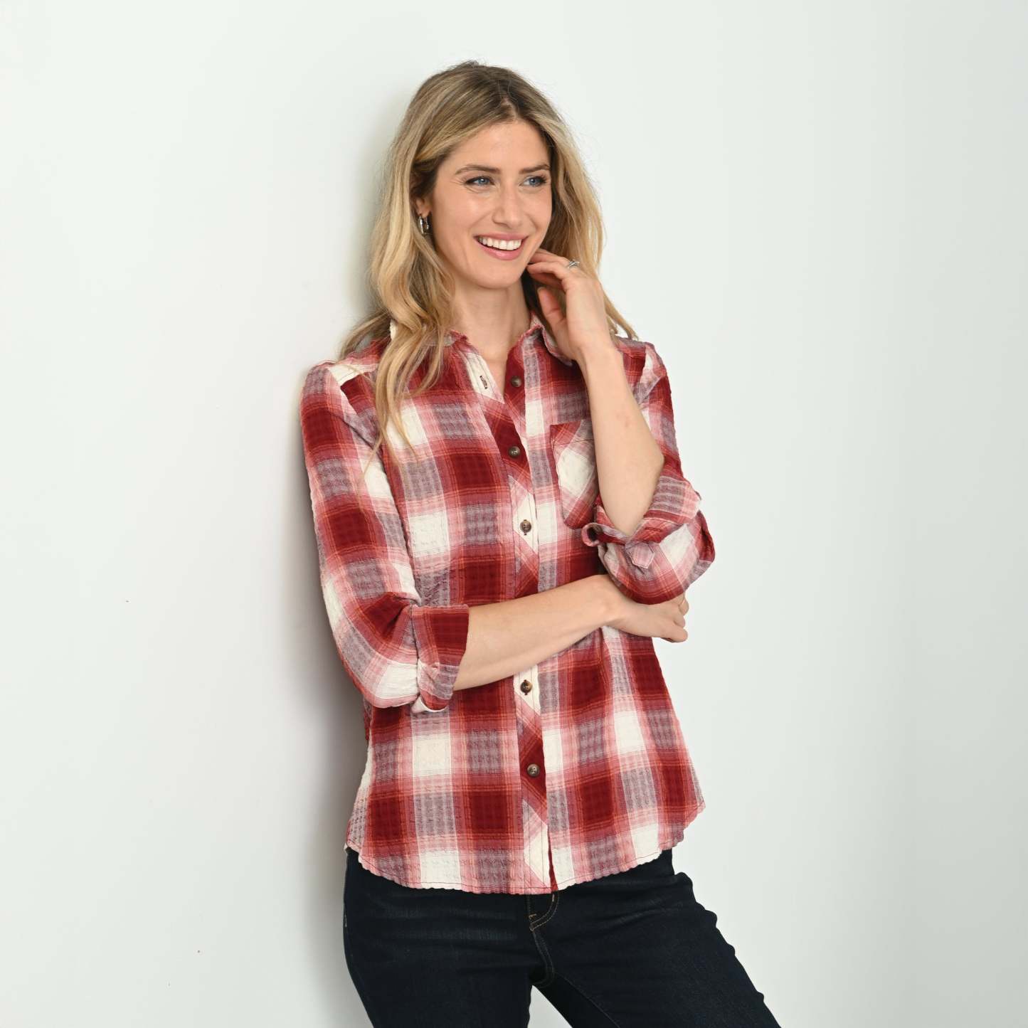 Plaid Forward Shoulder Long Sleeve Shirt