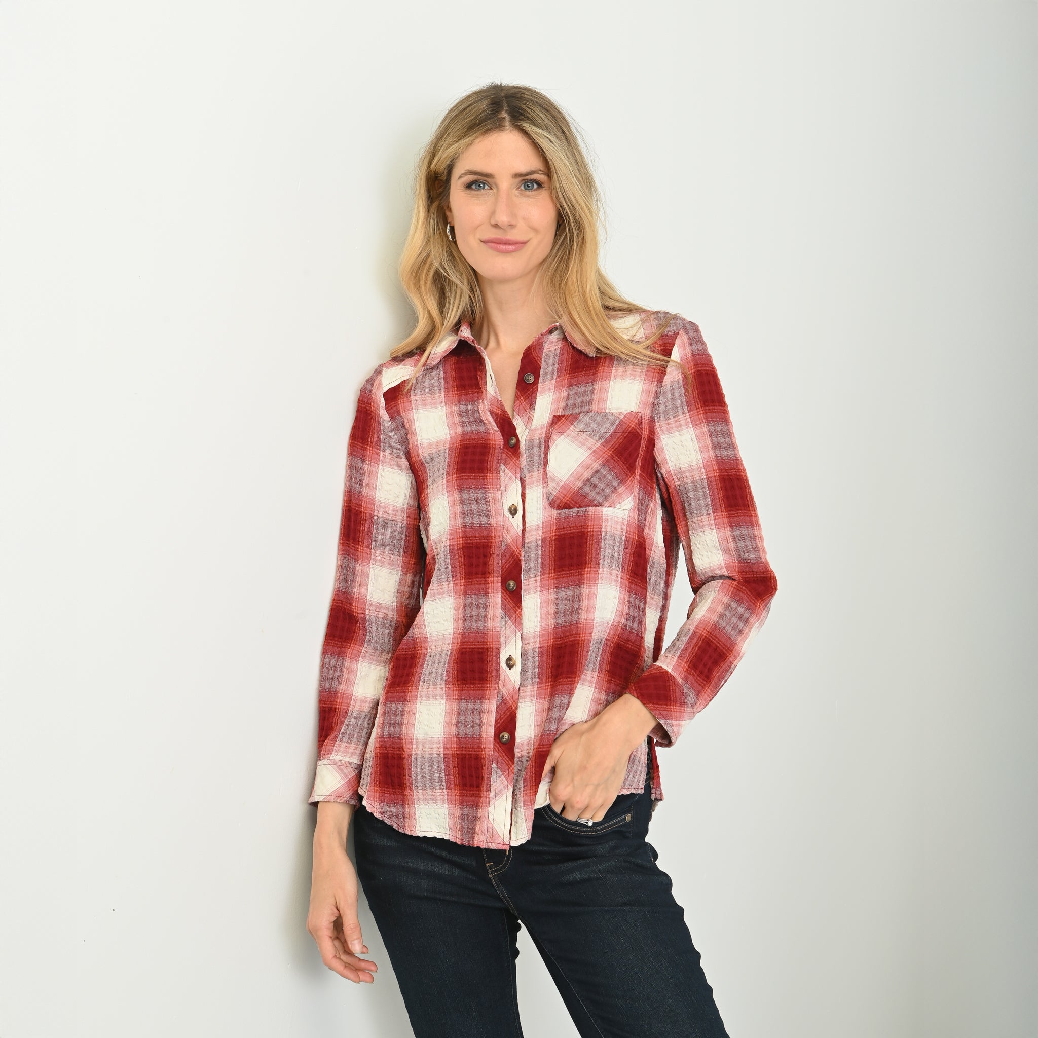 Plaid Forward Shoulder Long Sleeve Shirt