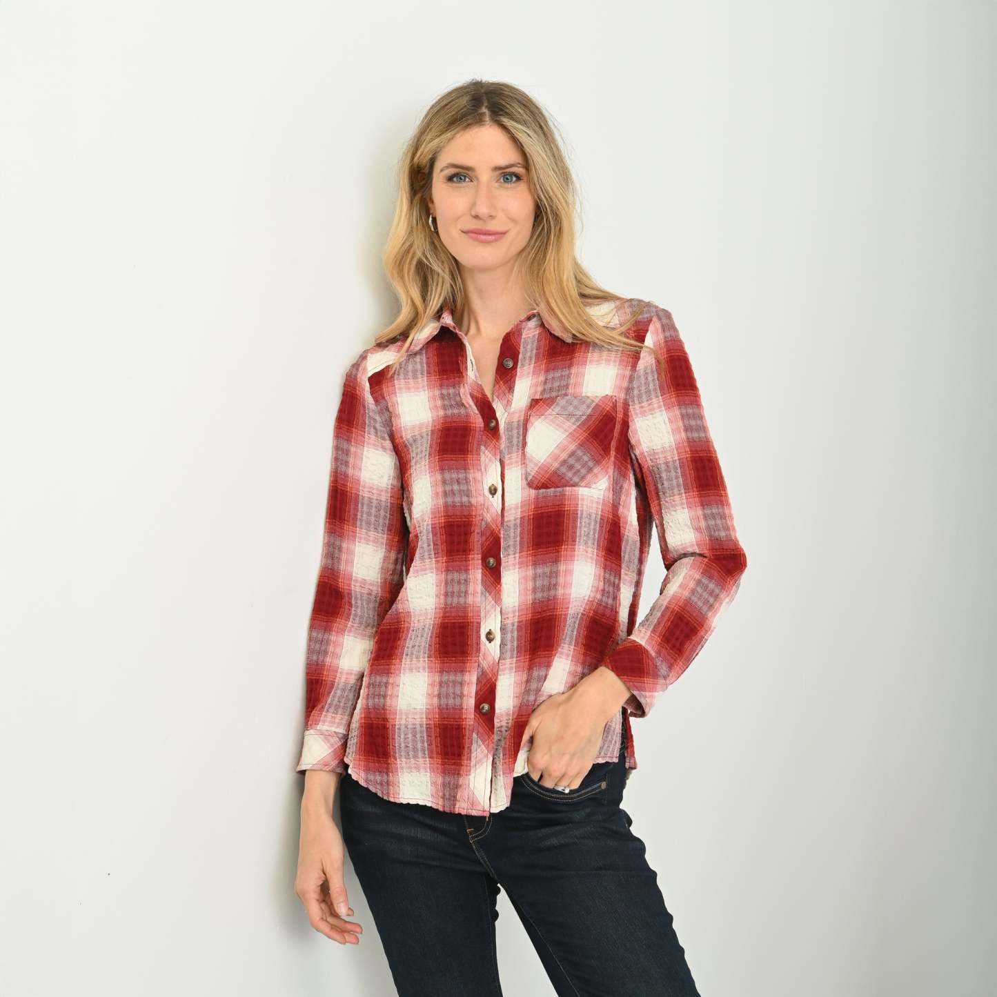Plaid Forward Shoulder Long Sleeve Shirt