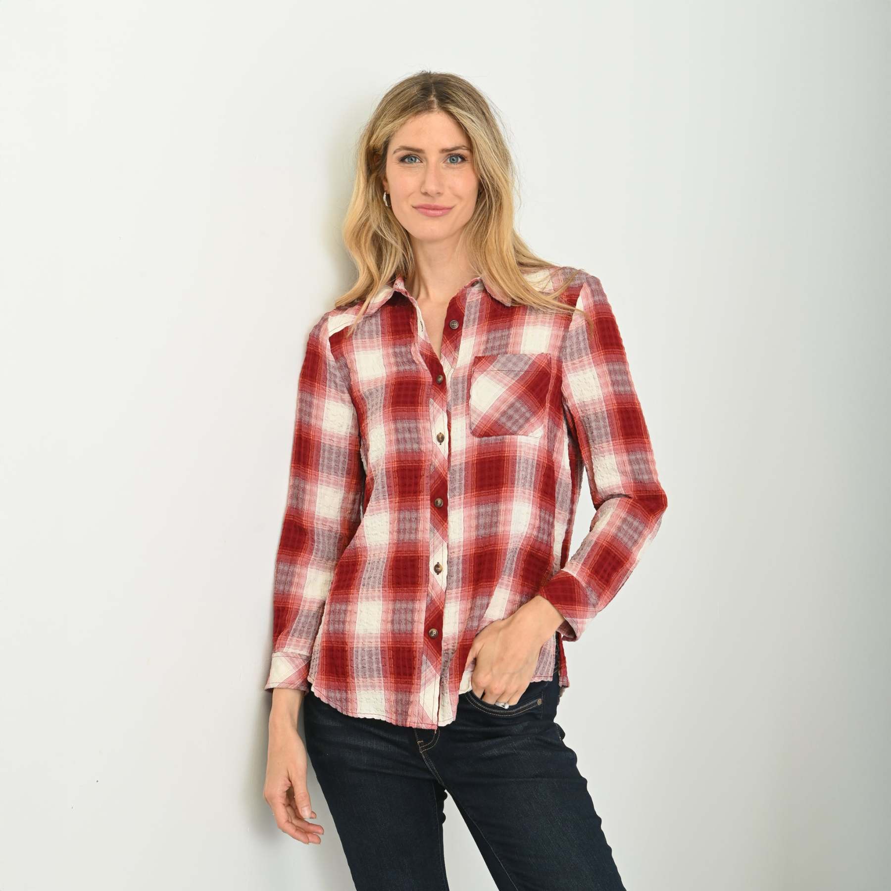 Plaid Forward Shoulder Long Sleeve Shirt
