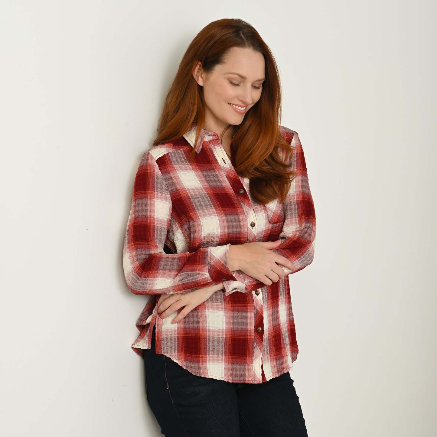 Plaid Forward Shoulder Long Sleeve Shirt