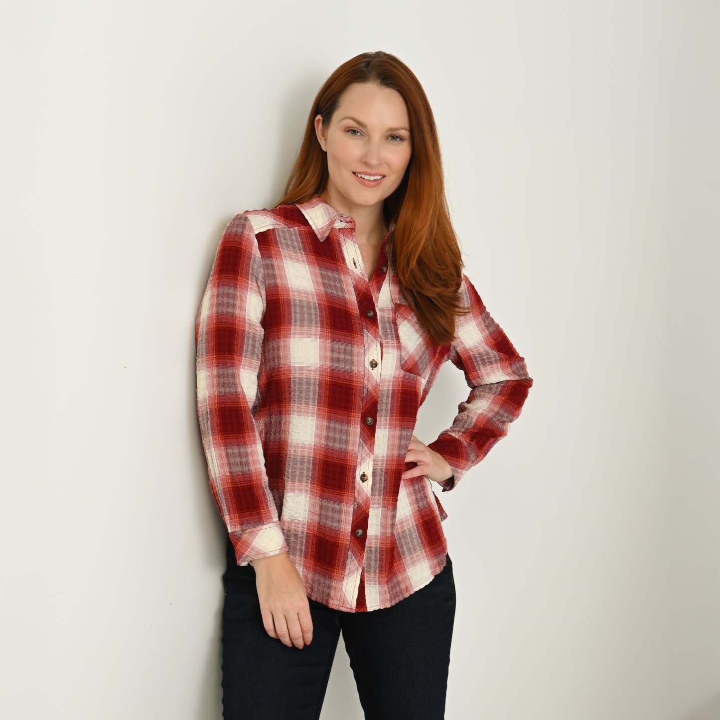 Plaid Forward Shoulder Long Sleeve Shirt