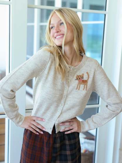 Intarsia Icon Cardigan Sweater - Cream Cat