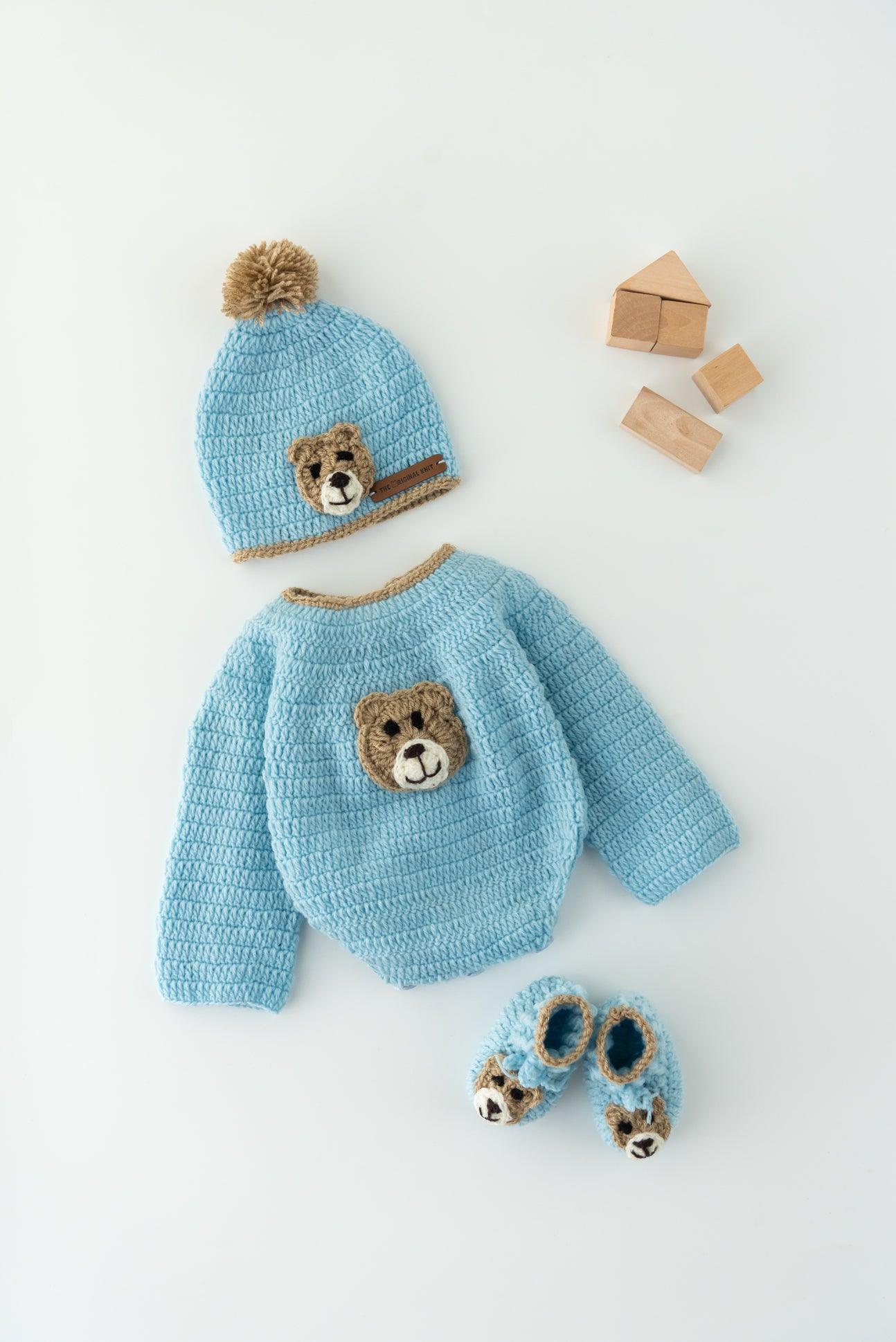Unisex Teddy Design Handmade Romper Set- Ice Blue