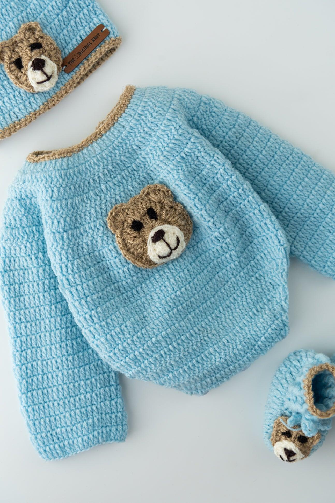Unisex Teddy Design Handmade Romper Set- Ice Blue