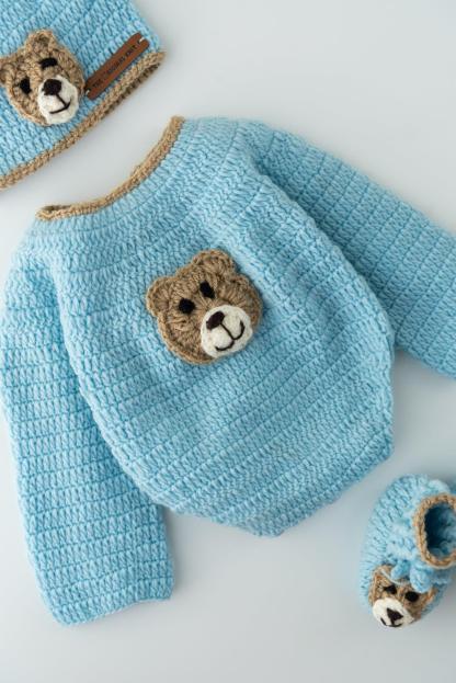 Unisex Teddy Design Handmade Romper Set- Ice Blue
