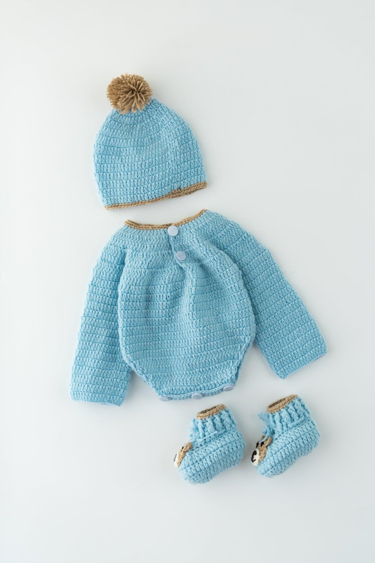 Unisex Teddy Design Handmade Romper Set- Ice Blue