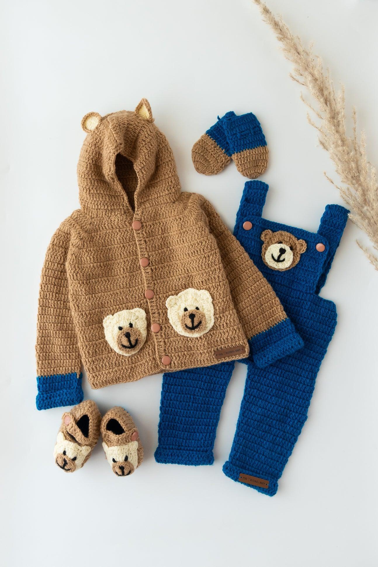 Unisex Teddy Design Handmade Dungaree Set- Brown & Blue