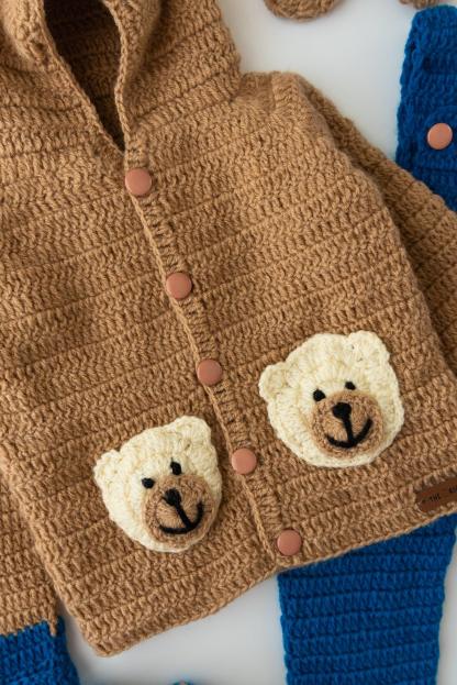 Unisex Teddy Design Handmade Dungaree Set- Brown & Blue