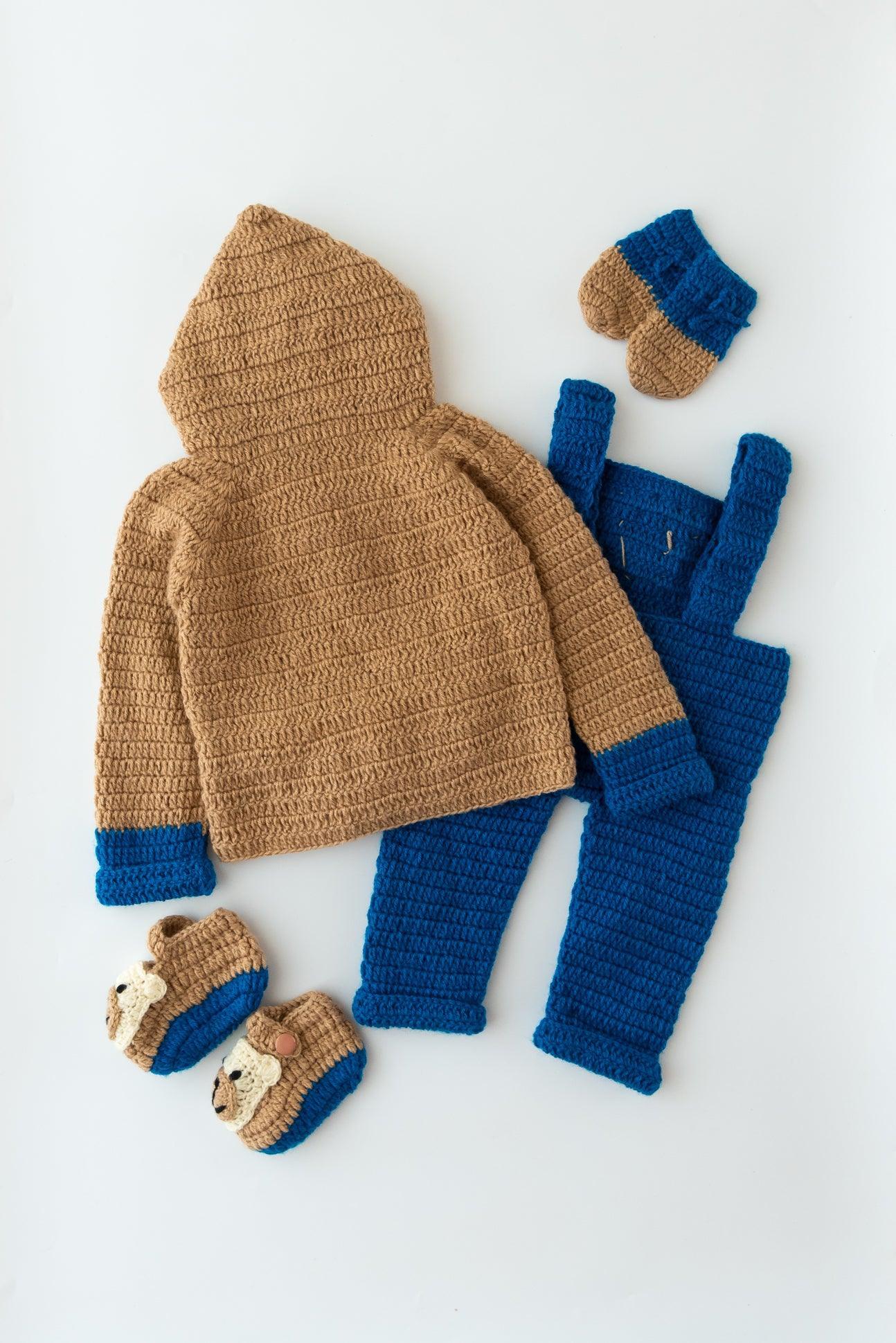 Unisex Teddy Design Handmade Dungaree Set- Brown & Blue