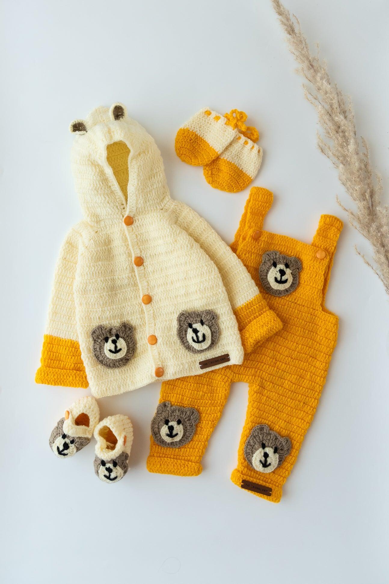 Teddy Design Handmade Dungaree Set- Off White & Yellow