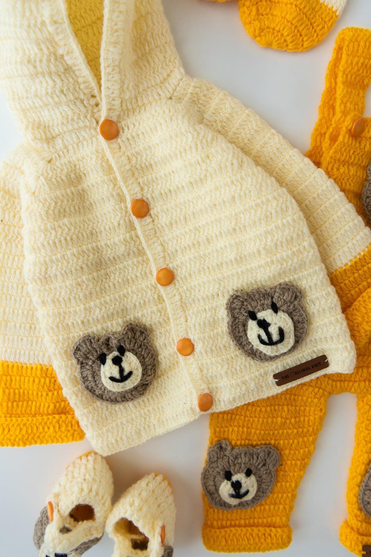 Teddy Design Handmade Dungaree Set- Off White & Yellow