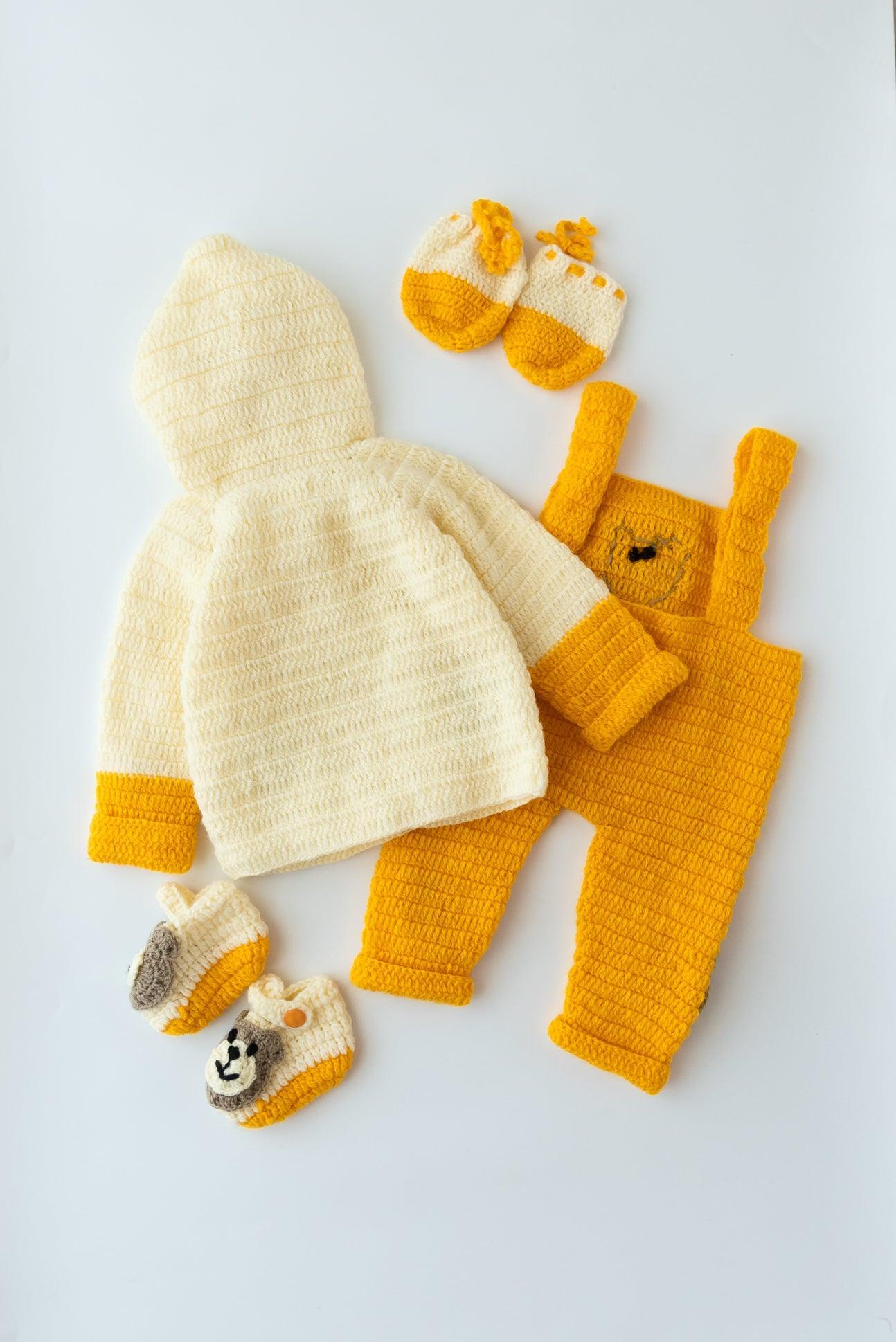 Teddy Design Handmade Dungaree Set- Off White & Yellow