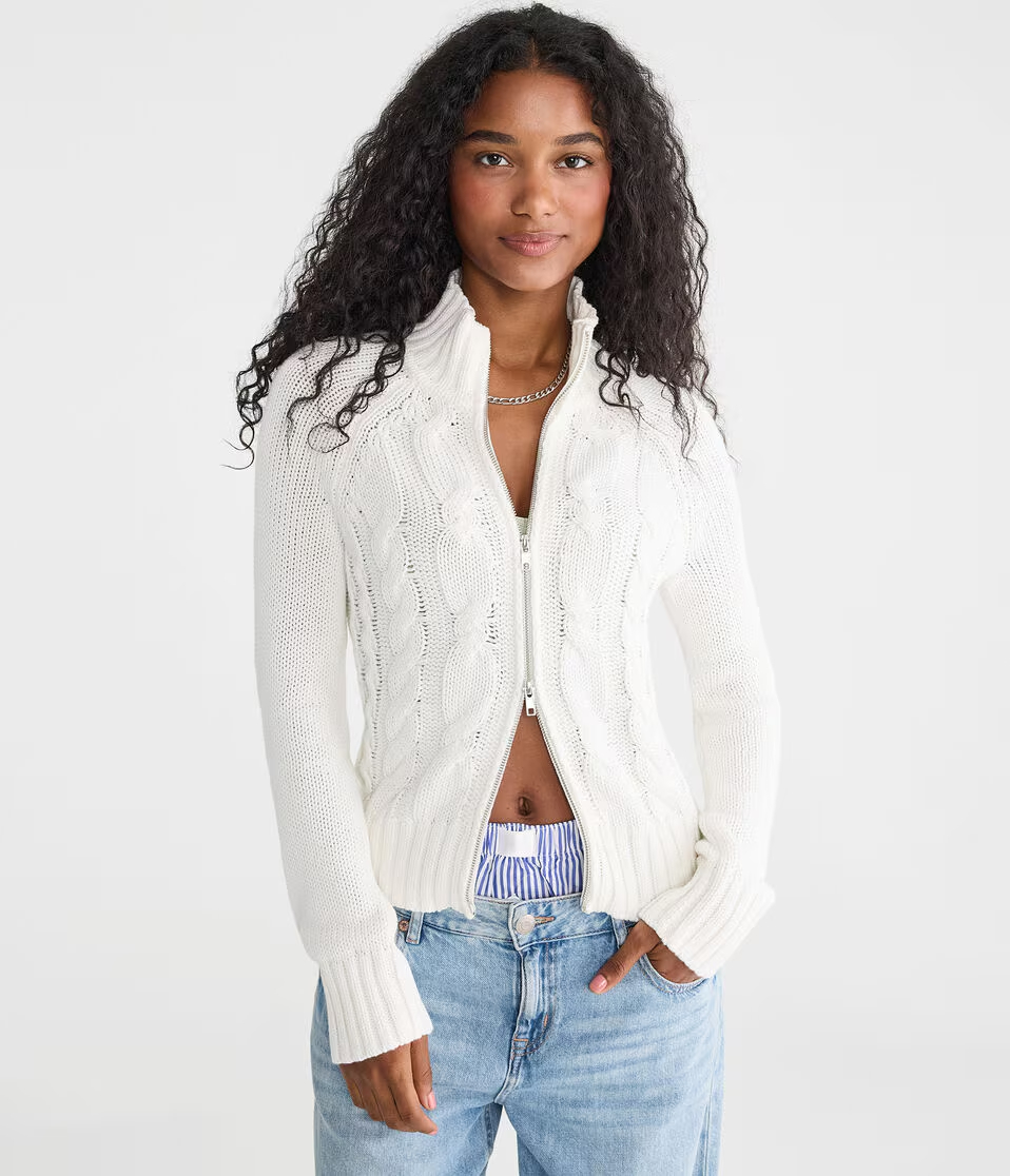 Cable Mock-Neck Full-Zip Cardigan