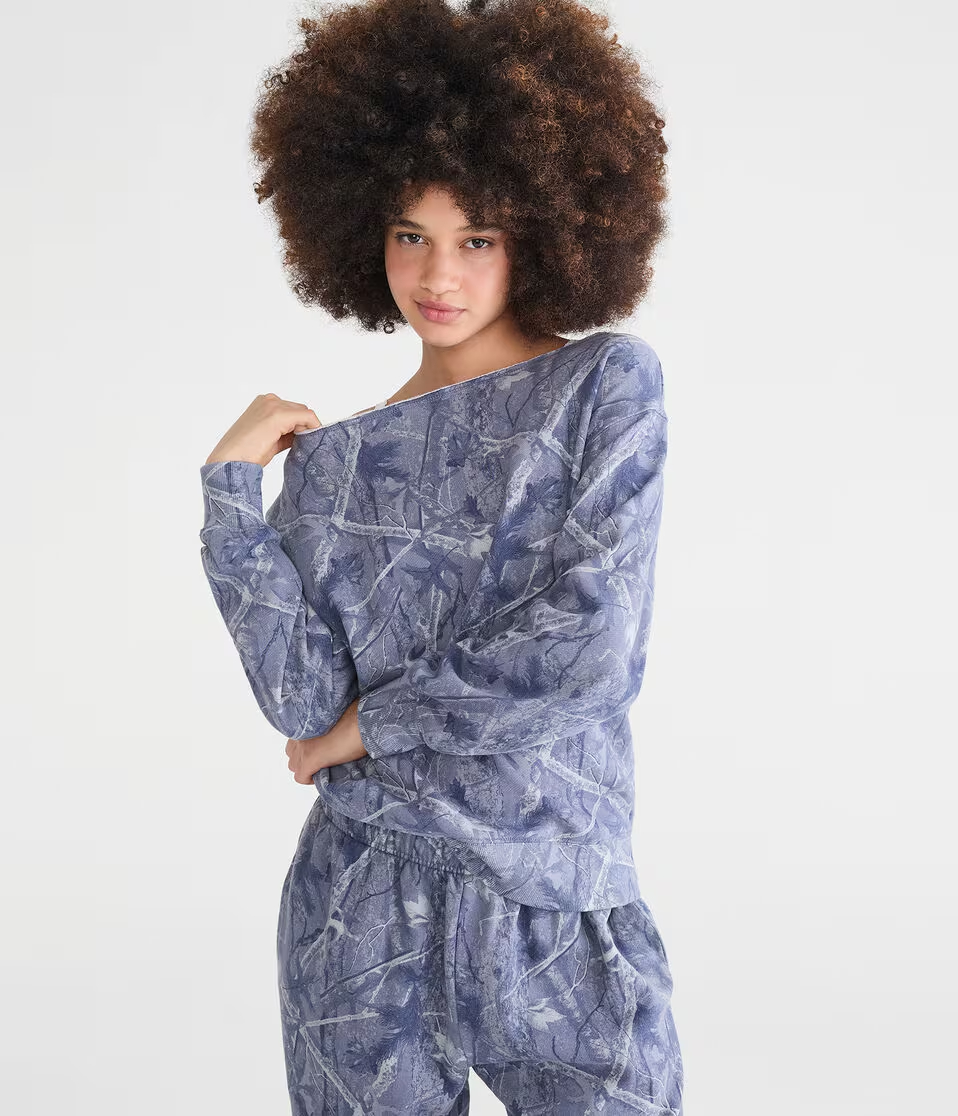 Cloud Soft Forest Camo Off-The-Shoulder Sweatshirt