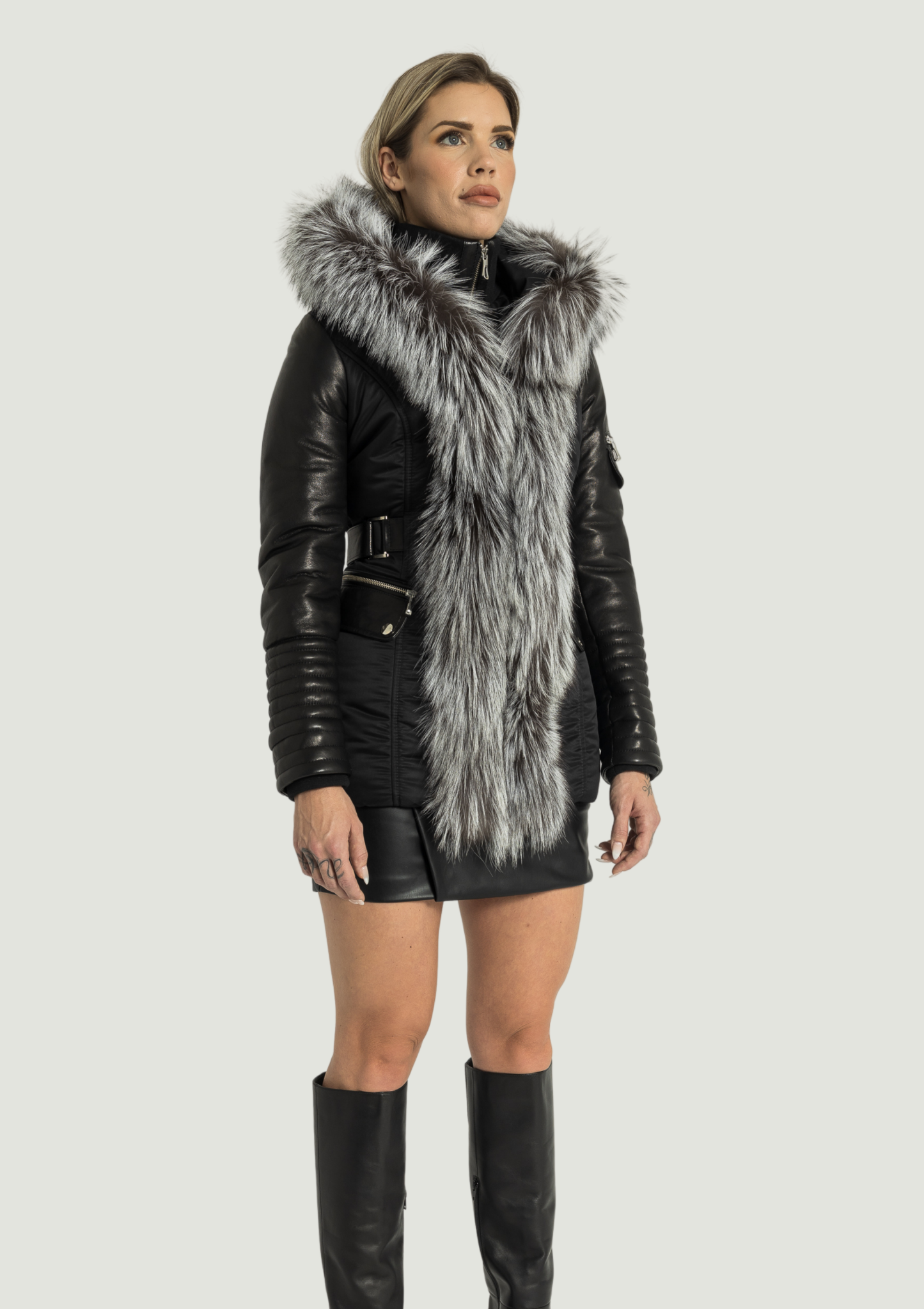 Kim Leather Sleeve Jacket with Silver Fox Fur