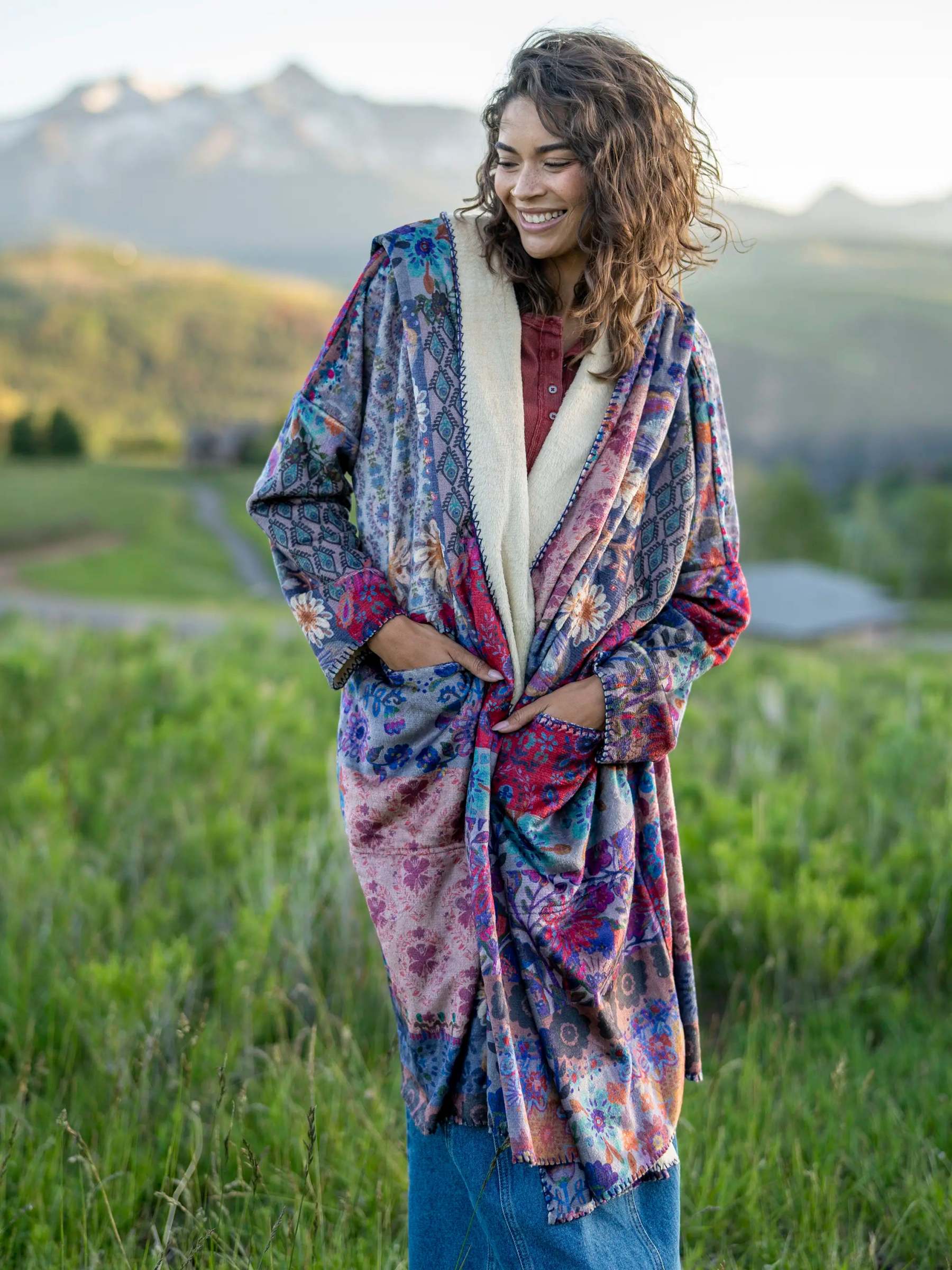 Cozy Blanket Kimono - Blue Patchwork Long Length