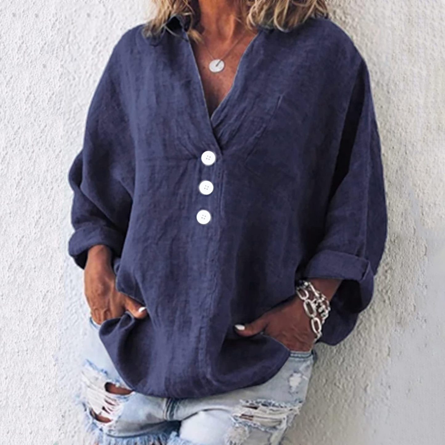 Solid Linen Loose Long Sleeved V-Neck Shirt