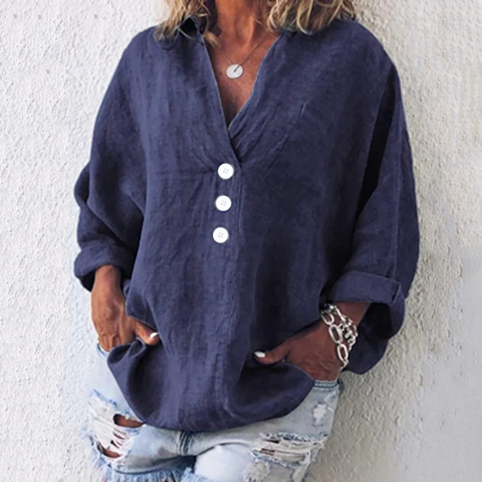 Solid Linen Loose Long Sleeved V-Neck Shirt
