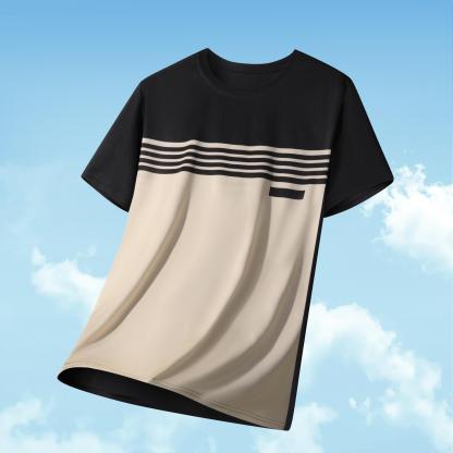  Men’s Casual Striped Panel Design Short Sleeve T-Shirts