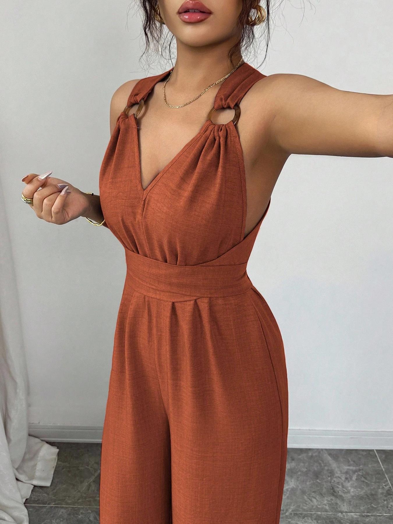 Women's V-Neck Tie-Waist Wide-Leg Jumpsuits