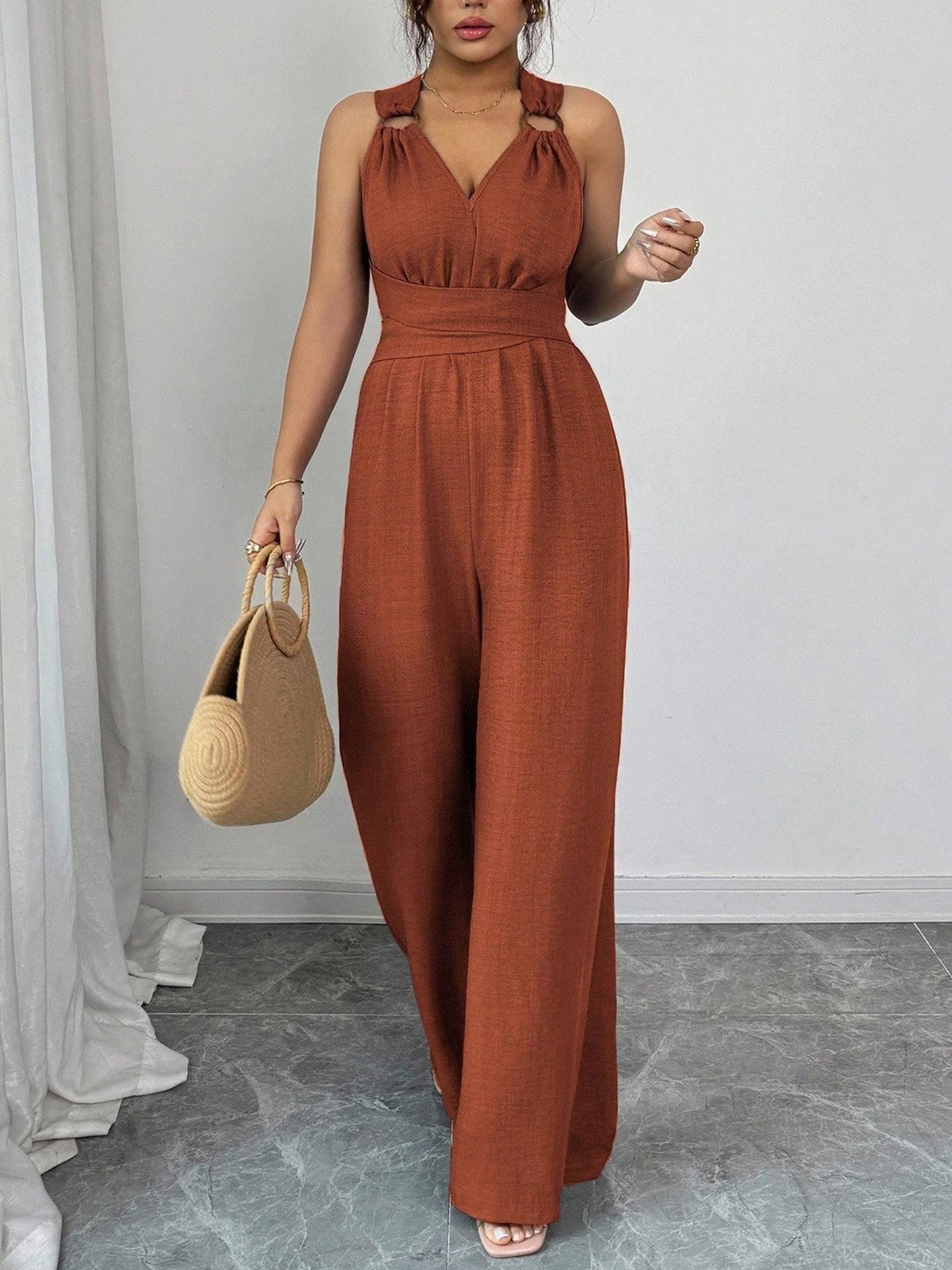 Women's V-Neck Tie-Waist Wide-Leg Jumpsuits