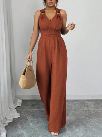 Women's V-Neck Tie-Waist Wide-Leg Jumpsuits