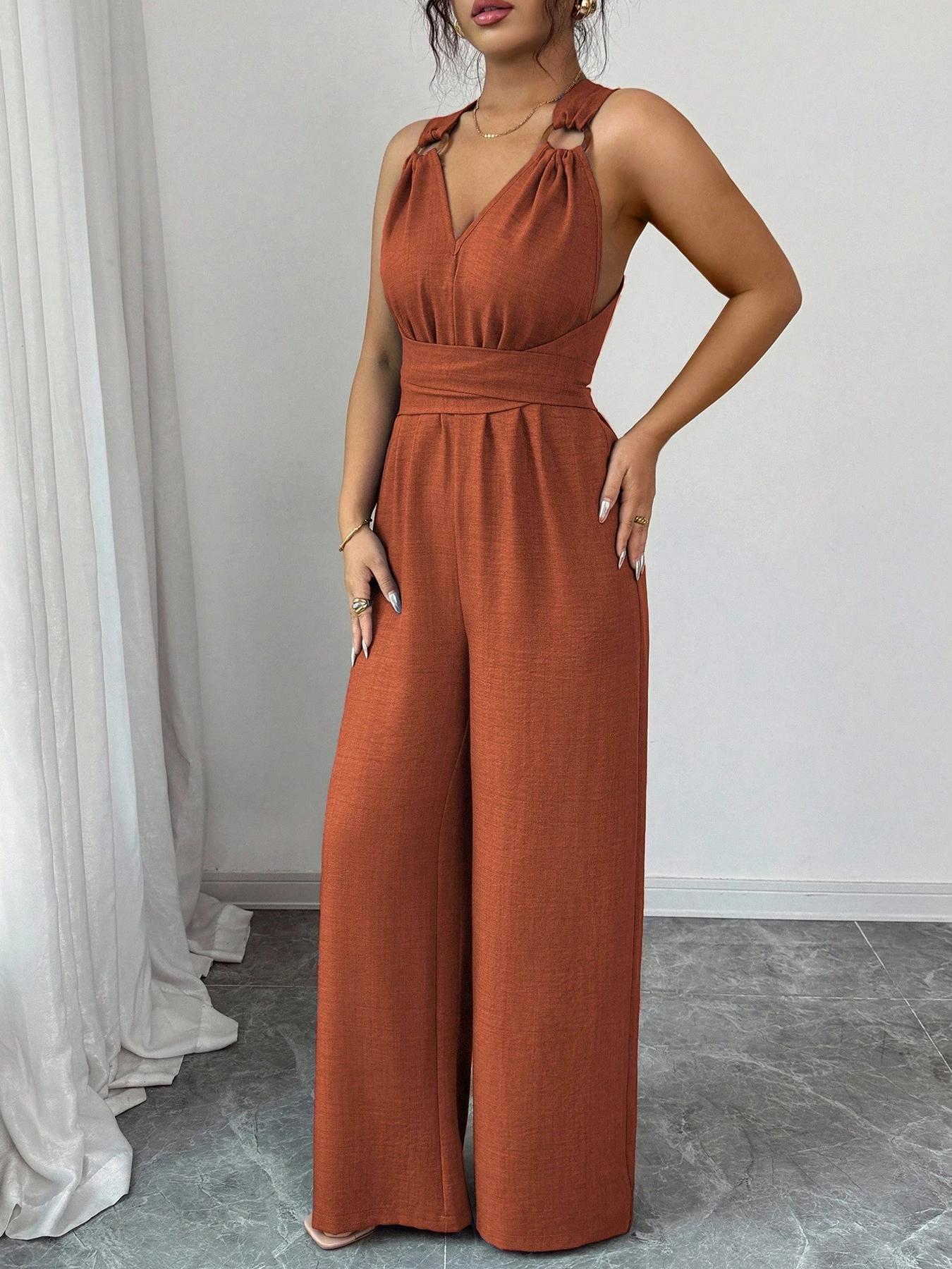 1 Piece V-Neck Tie-Waist Wide-Leg Jumpsuit, Women's Jumpsuit, Casual Summer Vacation Wear 1 Piece V-Neck Tie-Waist Wide-Leg Jumpsuit, Women's Jumpsuit, Casual Summer Vacation Wear