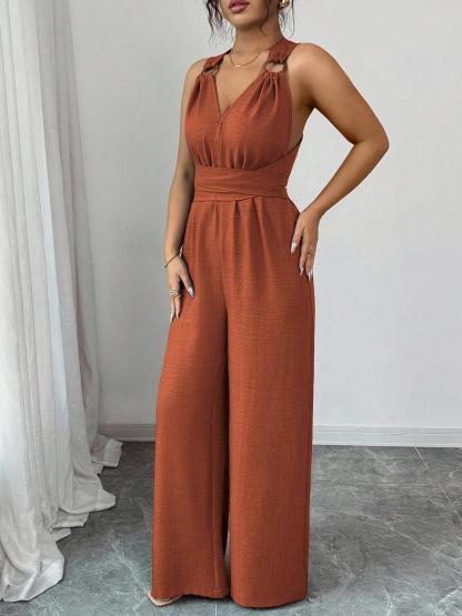 Women's V-Neck Tie-Waist Wide-Leg Jumpsuits