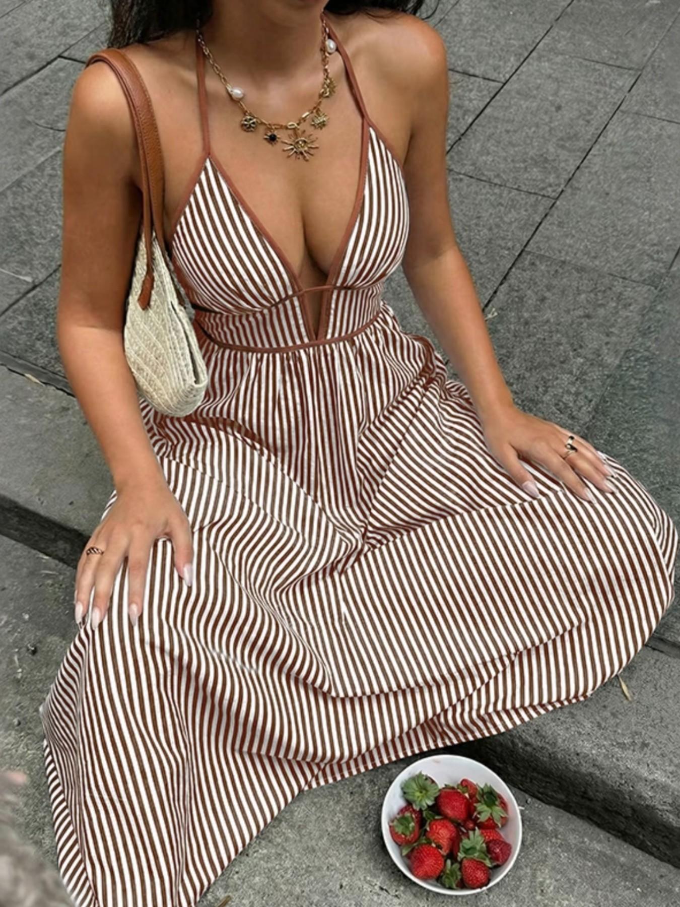 Women's French Vacation Stripe Halter Dress, Chic Deep V Waist Cinch Color Block Long Floor-Length Beach Skirt Elegance