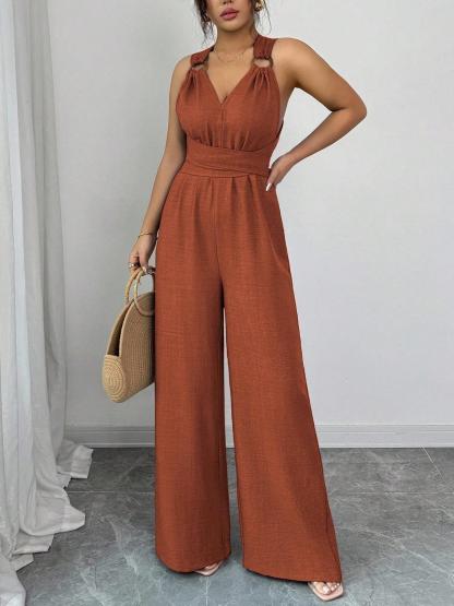 Women's V-Neck Tie-Waist Wide-Leg Jumpsuits