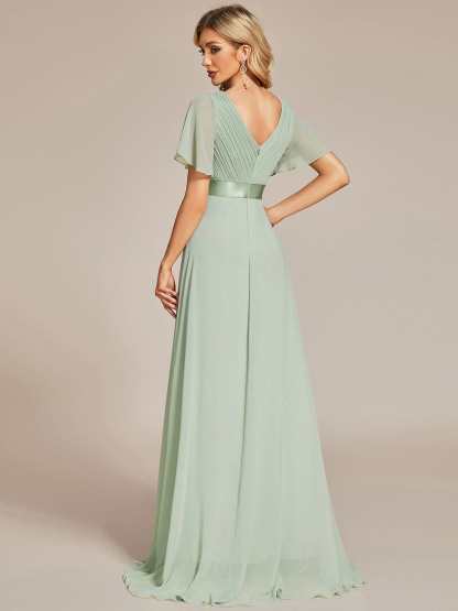Long Chiffon Empire Waist Bridesmaid Dress with Short Flutter Sleeves