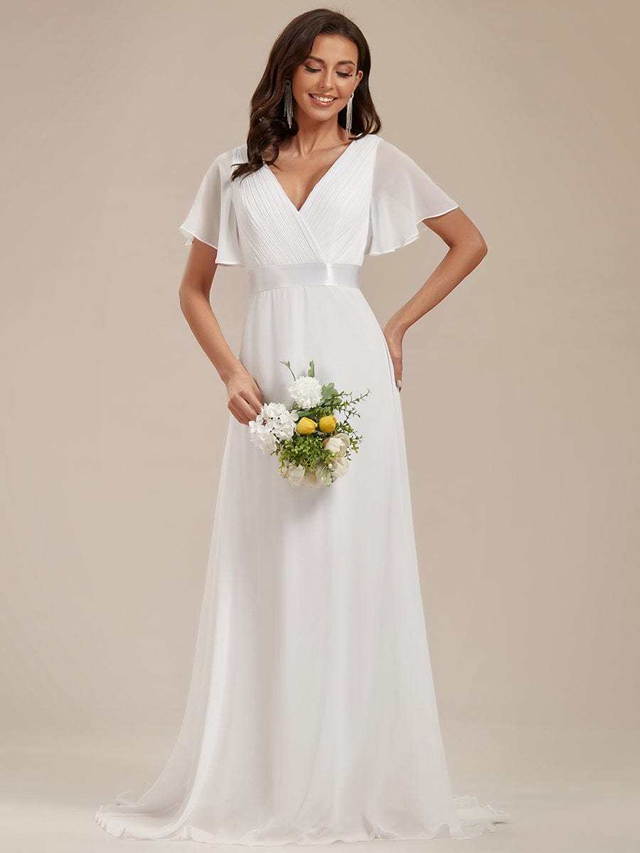 Long Chiffon Empire Waist Bridesmaid Dress with Short Flutter Sleeves