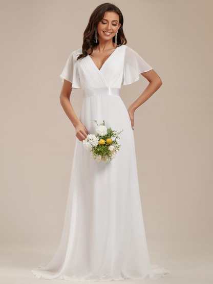 Long Chiffon Empire Waist Bridesmaid Dress with Short Flutter Sleeves
