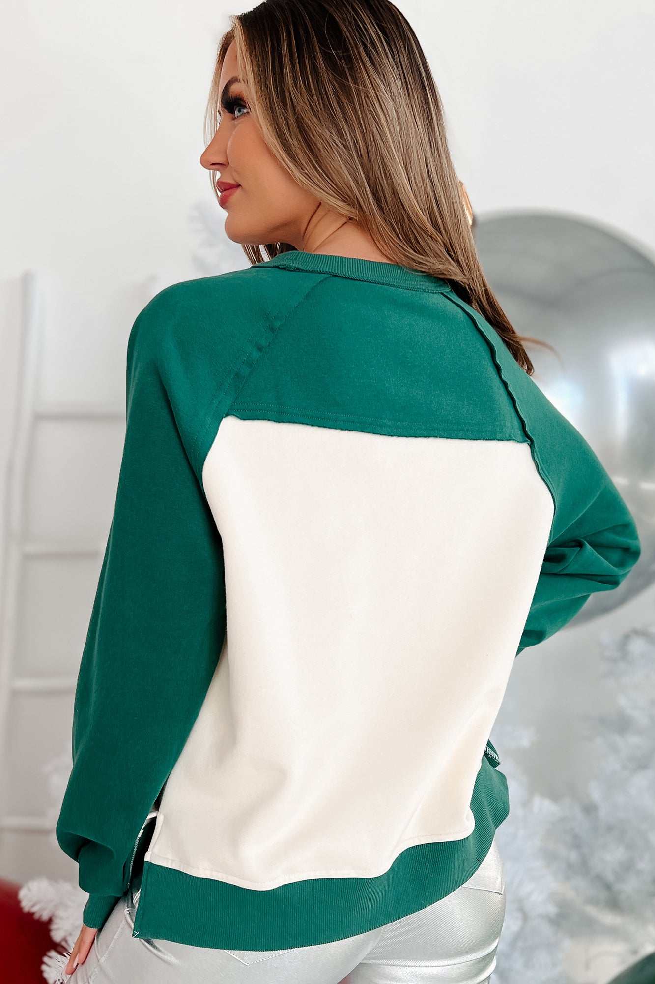Decorating The Tree Sequin/Tinsel Raglan Sleeve Sweatshirt (Green)