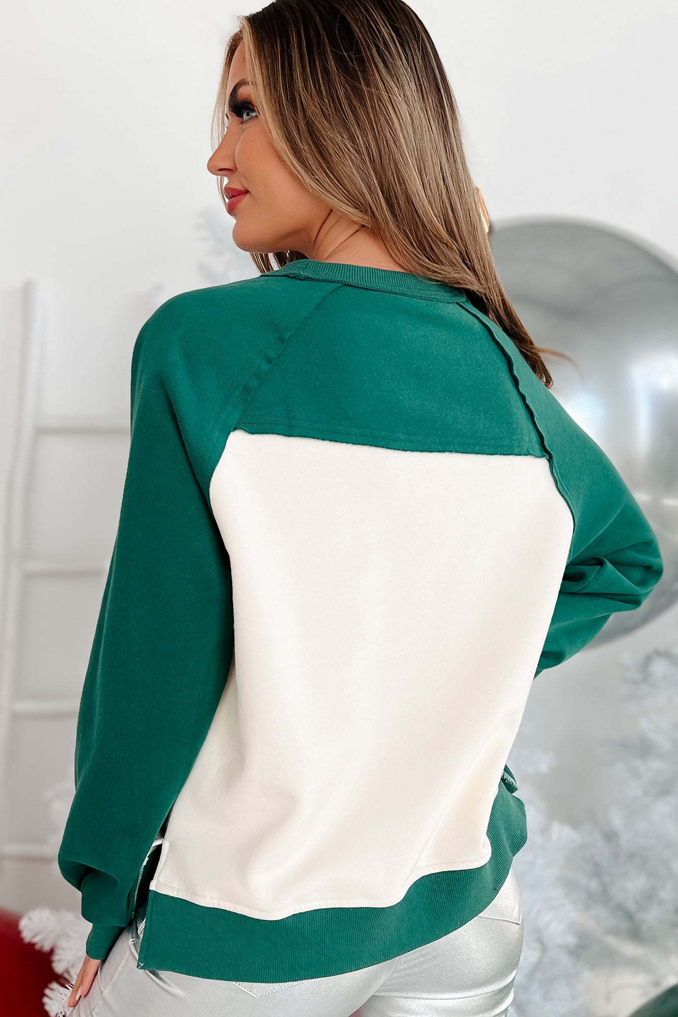 Decorating The Tree Sequin/Tinsel Raglan Sleeve Sweatshirt (Green)