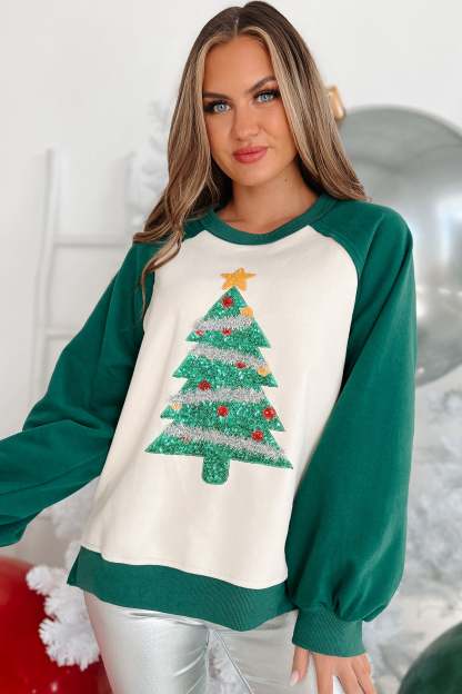 Decorating The Tree Sequin/Tinsel Raglan Sleeve Sweatshirt (Green)
