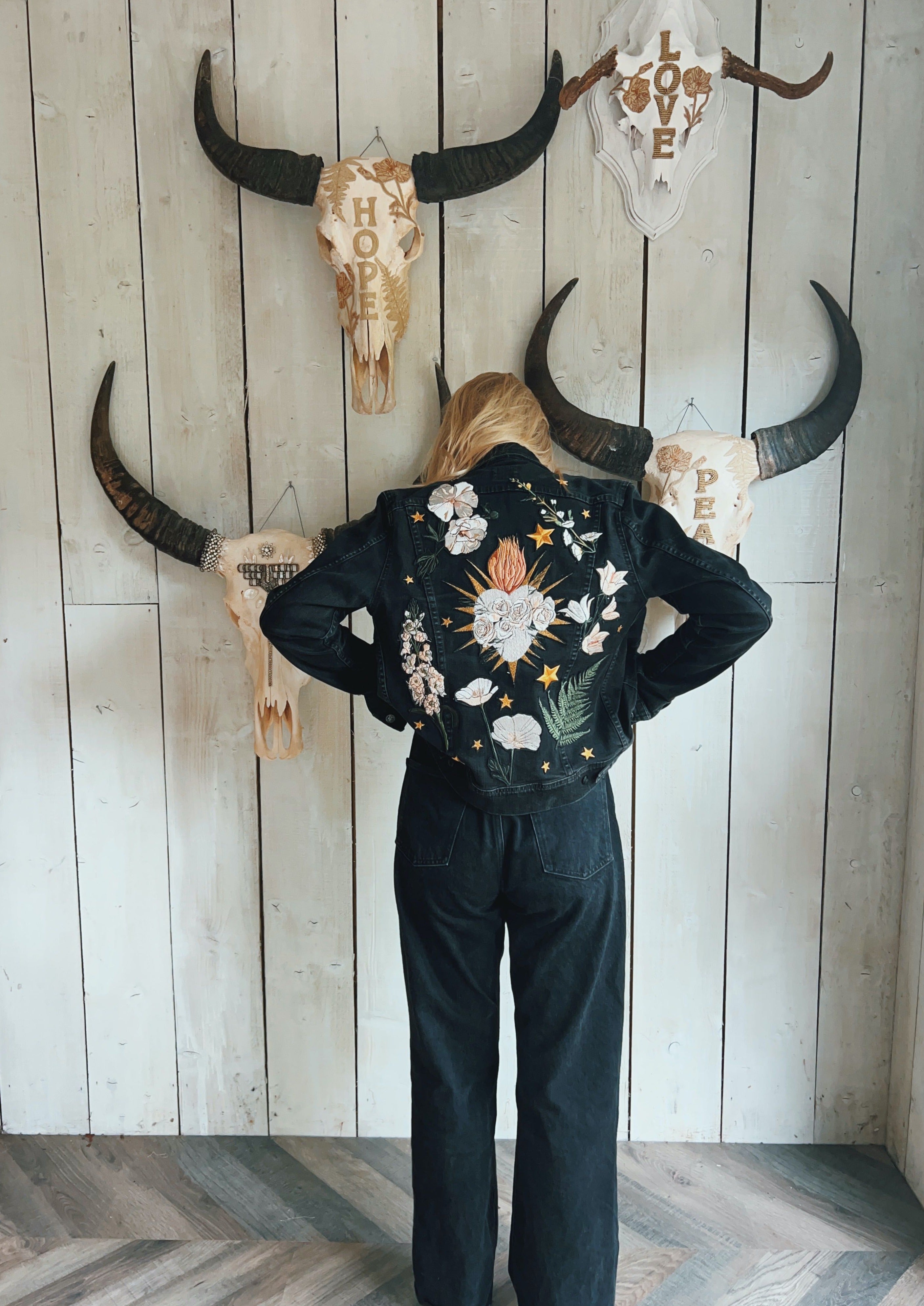 White Heart, Floral Denim Jacket - M